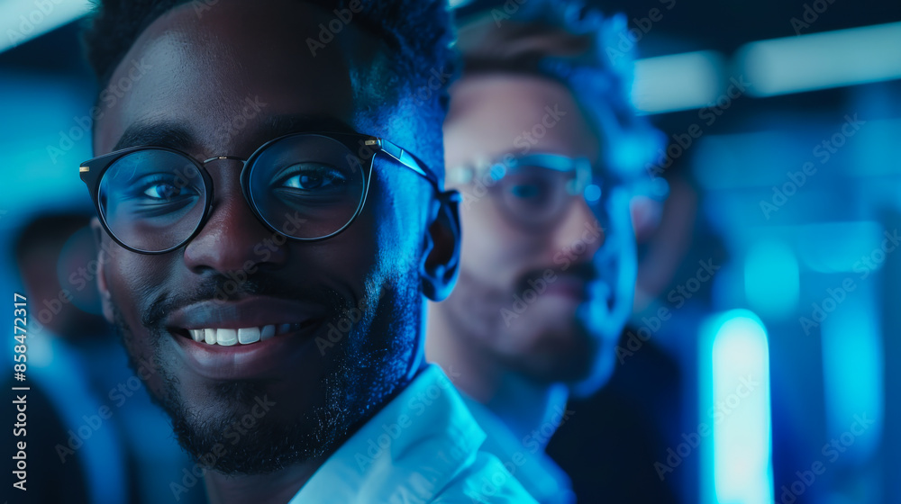 Young employee in office clothes and glasses in a modern office. Happy men looking at camera indoors. Concept of office employees, teamwork. Young employee in office clothes and glasses in a modern office. Happy men looking at camera indoors. Concept of office employees, teamwork.