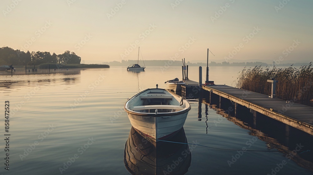 Fototapeta premium A solitary boat docked at a quiet marina, with calm waters and a clear sky