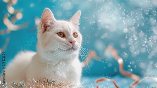 Albino cat on blue background with New Year serpentine