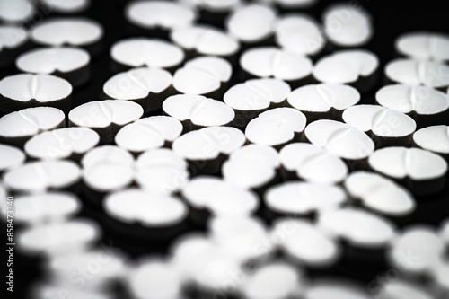 Narcotic substances, antidepressant, dope powder, syringes with drugs dose, white pills on dark textured background. Concept of addiction and bad habits. photo