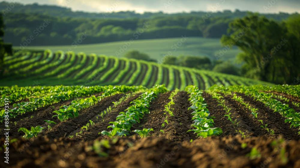 Lush green fields. Planted field with growing harvest. Organic farming. Gardening and ecology concept. Lush green fields. Planted field with growing harvest. Organic farming. Gardening and ecology concept.