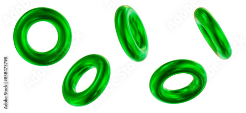 3d set of green torus symbol or icon with different angles. Geometry figure tor form. Stock vector illustration on isolated background.	
