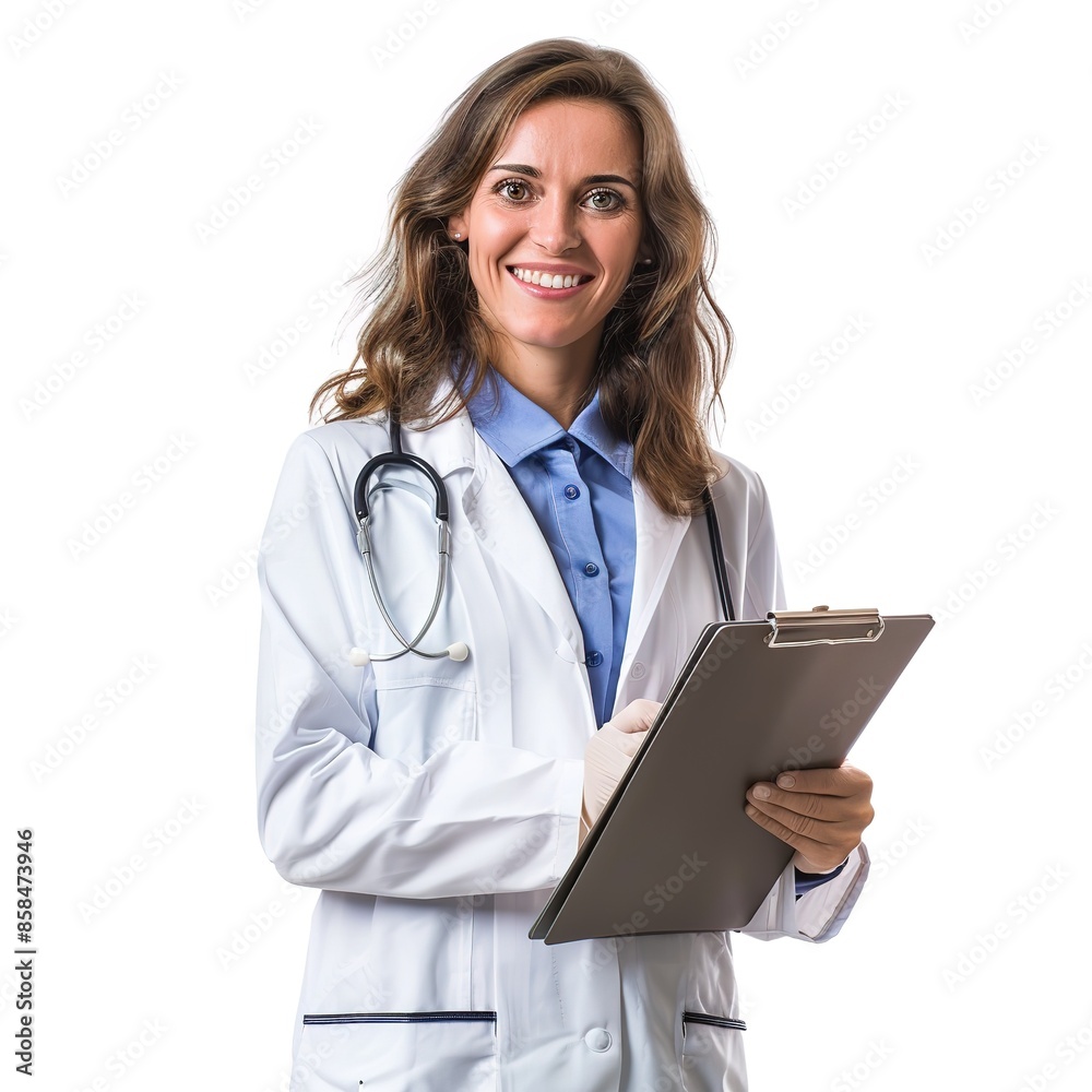 Cheerful_female_physician_with_clipboard_wearing_a_white_apron_and_standing_infront_of_a_isolated_background Cheerful_female_physician_with_clipboard_wearing_a_white_apron_and_standing_infront_of_a_isolated_background