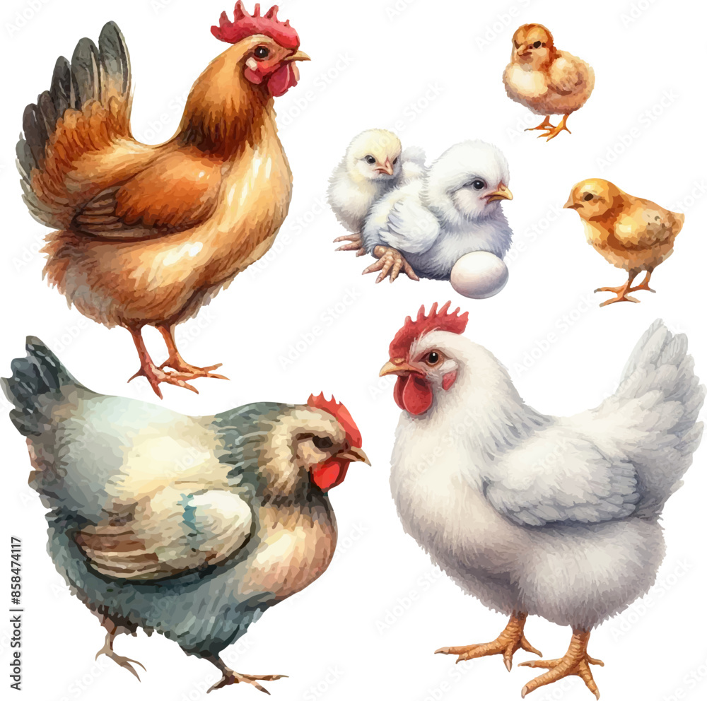 Fototapeta premium set with hens, roosters, chicks and eggs in watercolor style in vector