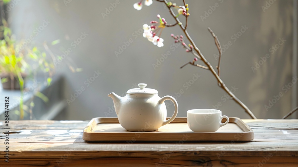 A white ceramic teapot and a single teacup on a smooth, wooden tray, set against a minimalist backdrop A white ceramic teapot and a single teacup on a smooth, wooden tray, set against a minimalist backdrop