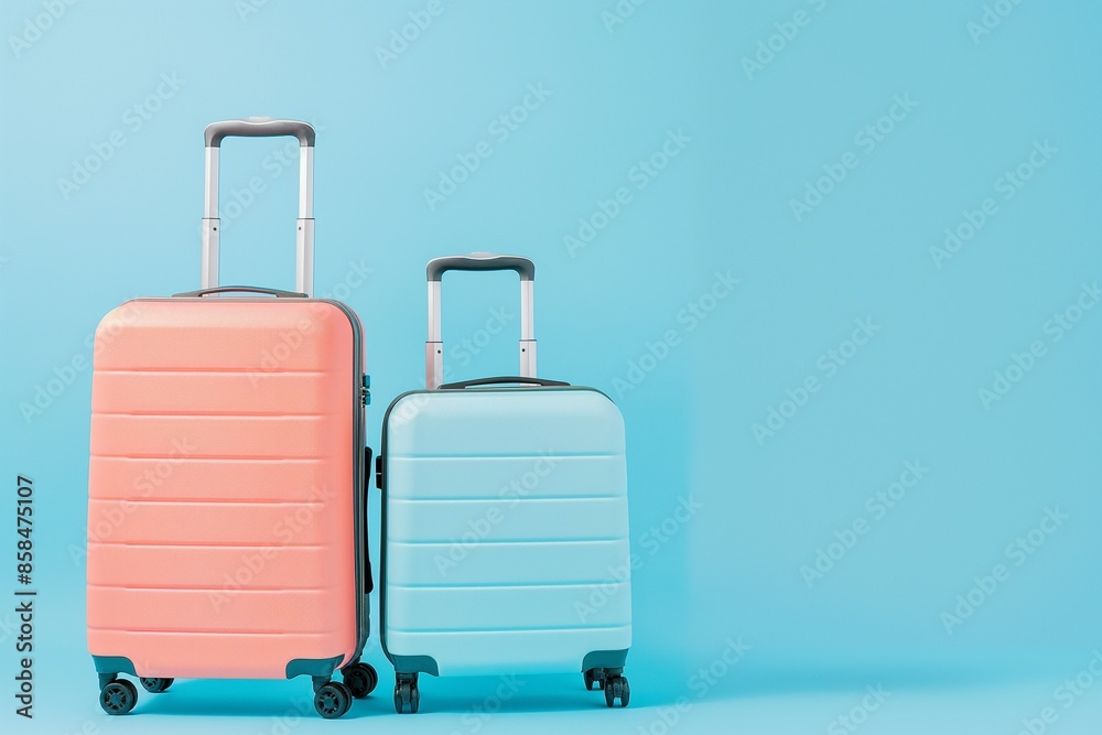 Obraz premium Studio photo of two pastel colored suitcases with wheels and the top handle up, placed next to each other on an isolated brightly coloured background. This composition creates a sense of travel fun.