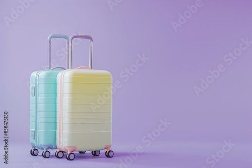 Studio photo of two pastel colored suitcases with wheels and the top handle up, placed next to each other on an isolated brightly coloured background. This composition creates a sense of travel fun.