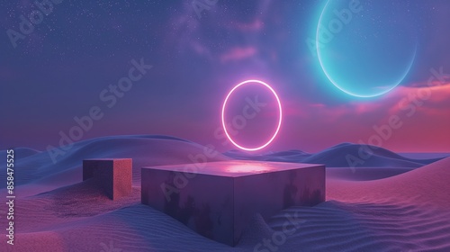 
A fantastical 3D scene featuring a podium on a desert dune, highlighted by a luminous neon circle and a hovering cube, under a mesmerizing aurora sky.