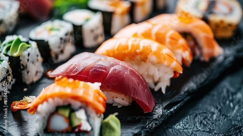 Sushi set on a black background top view Japanese food Sushi set on a black plate on a Black background top view Ai Generated