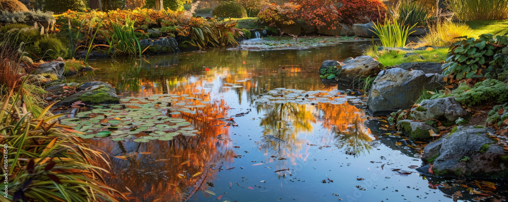 A tranquil garden pond in autumn background with colorful foliage, calm waters, and the textures of soft grasses and serene reflections, creating a peaceful and picturesque seasonal setting. A tranquil garden pond in autumn background with colorful foliage, calm waters, and the textures of soft grasses and serene reflections, creating a peaceful and picturesque seasonal setting.