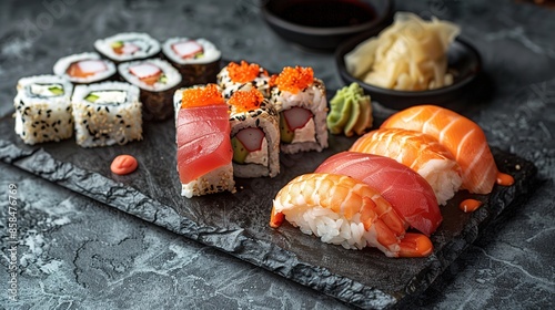 Sushi set on a black background top view Japanese food Sushi set on a black plate on a Black background top view Ai Generated