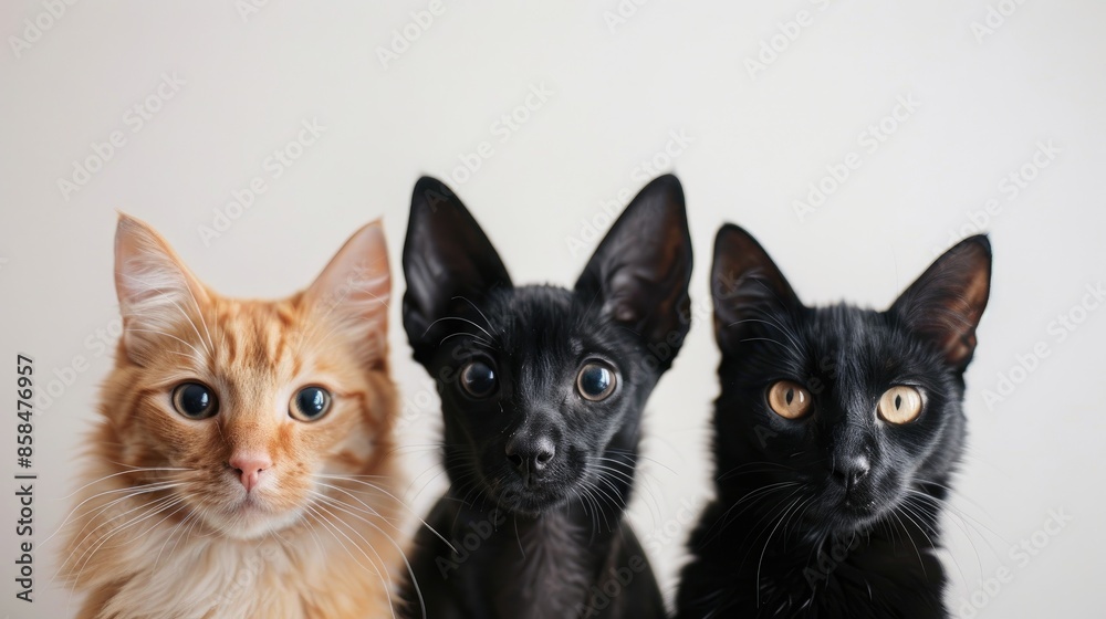 Portrait of three domestic pets staring at the camera on a white backdrop Portrait of three domestic pets staring at the camera on a white backdrop