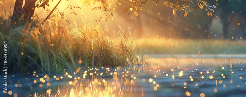 A tranquil meadow at dusk background with glowing reflections, soft grasses, and the textures of gentle breezes and serene surroundings, creating a peaceful and picturesque natural setting. photo