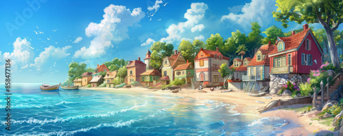 A tranquil seaside village background with colorful houses, calm waters, and the textures of sandy beaches and gentle waves, creating a peaceful and idyllic coastal setting. photo
