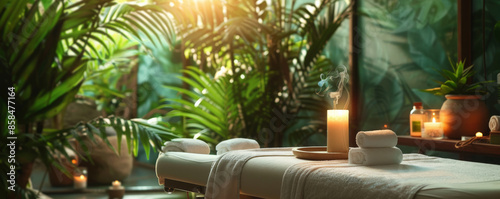 A tranquil spa scene featuring a massage table with fresh linens, tropical plants, candles, and a diffuser releasing calming essential oils. photo