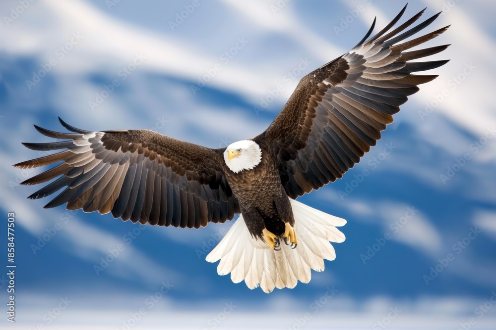 Naklejka premium A bald eagle soaring majestically against a blue sky, symbolizing power and freedom in the wilderness of Alaska.