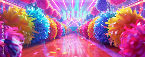 A vibrant cheerleading practice background with padded floors, colorful pom-poms, and the textures of energetic routines and synchronized movements.