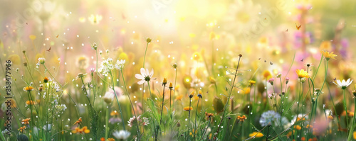 A vibrant spring meadow background with blooming wildflowers, tall grasses, and the textures of dewy mornings and buzzing insects, creating a fresh natural setting. photo