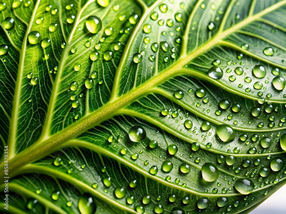 Close-up of a green leaf with water drops. the veins of the leaf are clearly visible. the water drops are spherical and reflect the light. Close-up of a green leaf with water drops. the veins of the leaf are clearly visible. the water drops are spherical and reflect the light.