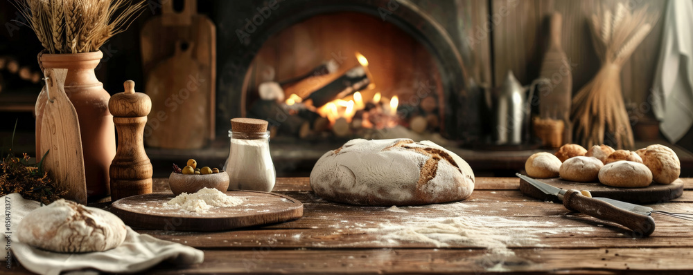 Making Bread Background Bread bakery background featuring a rustic wooden table filled with ...