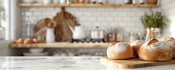 Bread bakery background featuring a bright, airy kitchen with a marble countertop, fresh bread, and a clean, modern aesthetic