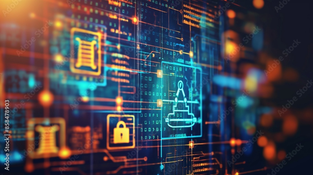Fototapeta premium A vibrant compliance icon integrated into a sophisticated technological business data network, emphasizing regulatory standards and risk management in a modern digital landscape.