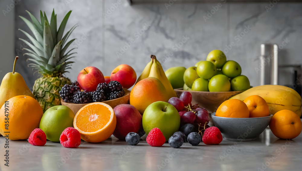 Various fruits on the table in the kitchenhealthy Various fruits on the table in the kitchenhealthy
