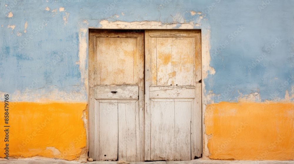 The dilapidated wall of the building and the wooden door require major repairs. Facade of a house with damaged plaster. Photophone for retro shooting. Illustration for cover, card, interior design. The dilapidated wall of the building and the wooden door require major repairs. Facade of a house with damaged plaster. Photophone for retro shooting. Illustration for cover, card, interior design.