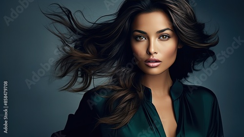 Beautiful female face with powerful silky hair and chic hairstyle. Perfect image of a beautiful brunette woman. Feminine image of natural beauty. Illustration for beauty and fashion magazine.