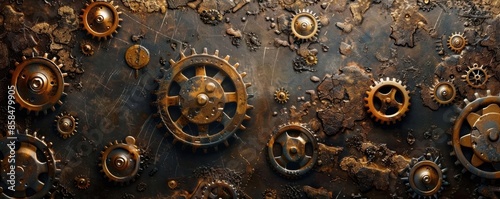 A detailed arrangement of rusted gears and cogs against a textured metallic background, evoking a steampunk aesthetic