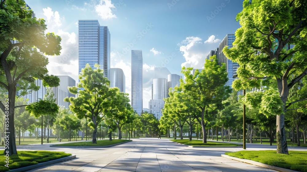 A modern,green cityscape with sustainable urban architecture,renewable energy infrastructure,and environmental harmony. This image depicts a vision for an eco-friendly,livable city of the future.