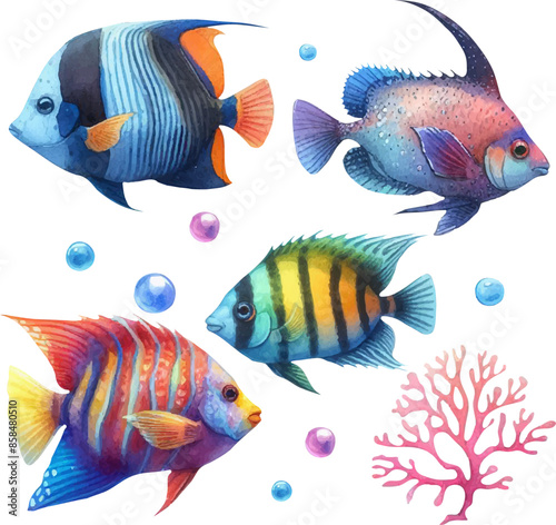 set with a variety of fish in watercolor style