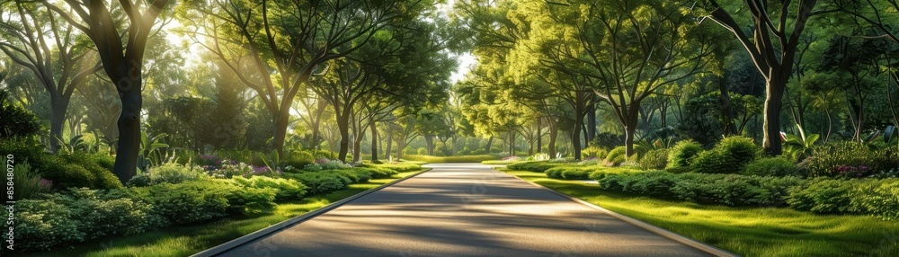Sunlit pathway surrounded by lush trees and vibrant greenery, evoking a serene and tranquil park setting Sunlit pathway surrounded by lush trees and vibrant greenery, evoking a serene and tranquil park setting