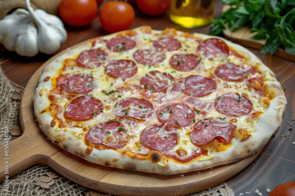 Photo of a salami pizza with cheese and champions, on a table in an Italian restaurant