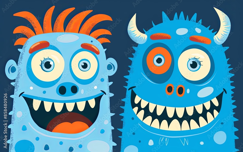 Obraz premium Two cartoon monsters with big eyes and big smiles full of teeth. Imitation of a painted picture. Illustration for banner, poster, cover, brochure or presentation.
