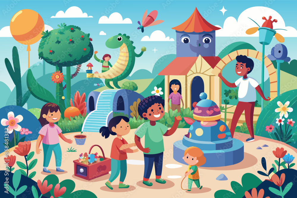 Children playing in a garden with a castle, slide, and swing set on a sunny day. Children playing in a garden with a castle, slide, and swing set on a sunny day.