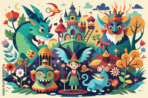 Cartoon castle with knights, princesses, and dragons in a whimsical setting.