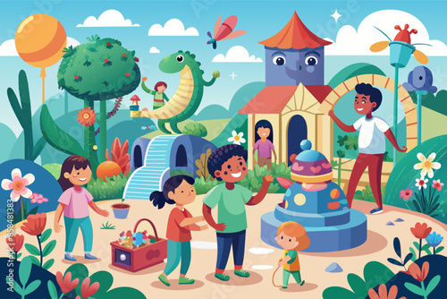 Children playing in a garden with a castle, slide, and swing set on a sunny day.