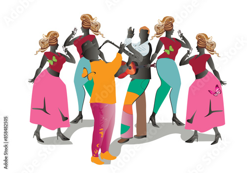  Colorful musicians at the party. Jazz band. Hand drawn vector illustration. photo