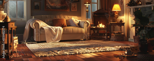 Cozy living room background with warm lighting, plush furniture, and textured rugs. The inviting, comfortable scene evokes a sense of hominess and relaxation, ideal for cozy themes photo