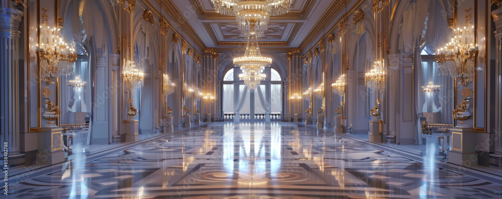 Fototapeta premium Elegant ballroom background with grand chandeliers, polished marble floors, and luxurious textures. The opulent, sophisticated scene adds a touch of class and grandeur, perfect for formal themes