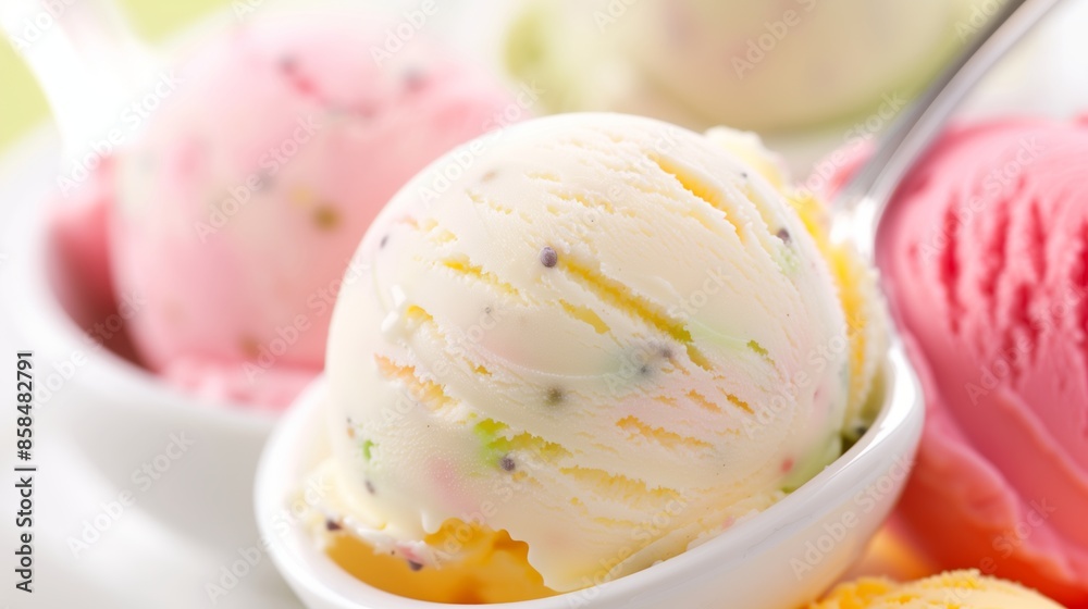 Close-up of Colorful and Creamy Ice Cream Scoops in Bowls Close-up of Colorful and Creamy Ice Cream Scoops in Bowls