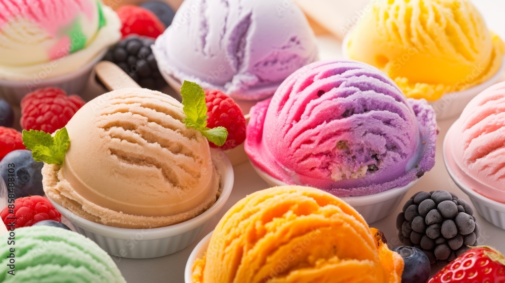 A Variety of Colorful Ice Cream Scoops with Fresh Fruits A Variety of Colorful Ice Cream Scoops with Fresh Fruits