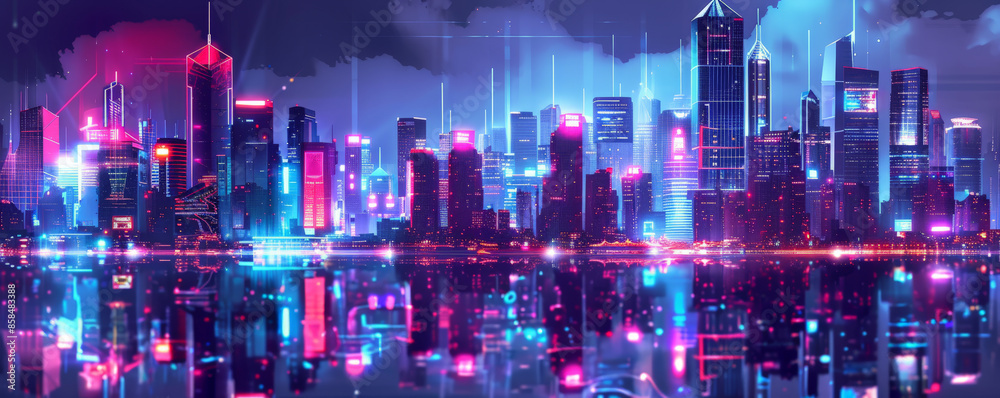 Futuristic cityscape background with sleek skyscrapers, neon lights, and textured reflections. The high-tech, vibrant scene creates a sense of energy and modernity, perfect for contemporary themes Futuristic cityscape background with sleek skyscrapers, neon lights, and textured reflections. The high-tech, vibrant scene creates a sense of energy and modernity, perfect for contemporary themes