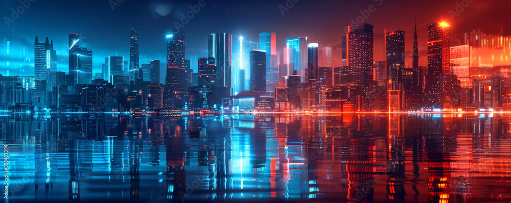 Futuristic cityscape background with sleek skyscrapers, neon lights, and textured reflections. The high-tech, vibrant scene creates a sense of energy and modernity, perfect for contemporary themes Futuristic cityscape background with sleek skyscrapers, neon lights, and textured reflections. The high-tech, vibrant scene creates a sense of energy and modernity, perfect for contemporary themes