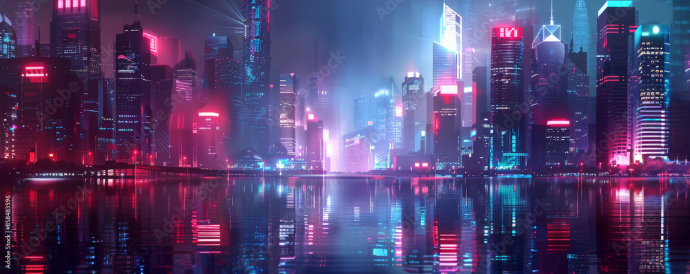 Futuristic neon city background with glowing lights, sleek buildings, and textured reflections. The high-tech, vibrant scene creates a sense of energy and modernity, perfect for contemporary themes