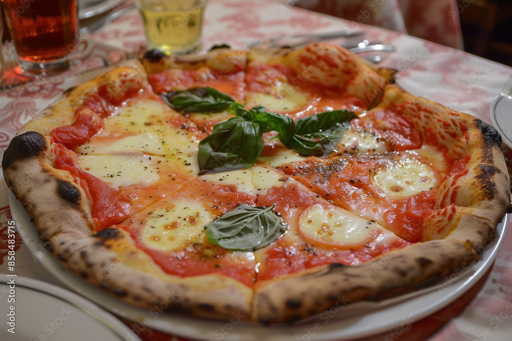 Photo of a pizza Margarita, on a table in an Italian restaurant Photo of a pizza Margarita, on a table in an Italian restaurant