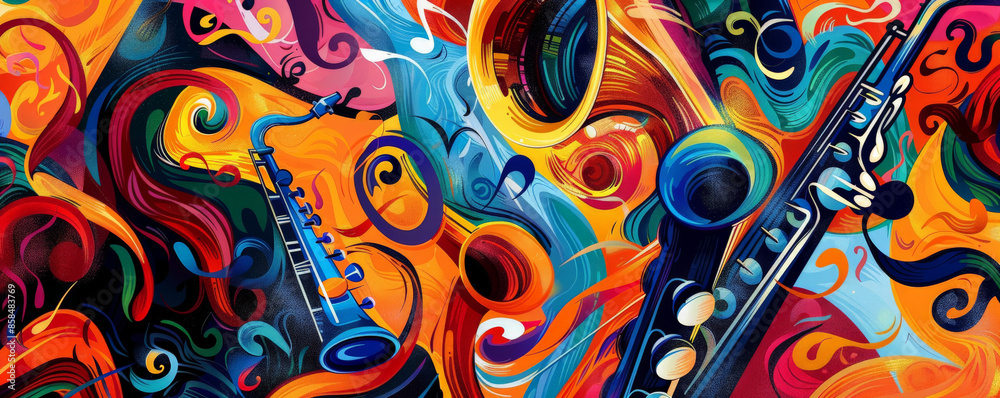 Lively jazz music background with bright, dynamic colors and abstract shapes. The energetic design reflects the vibrant spirit of live jazz. Lively jazz music background with bright, dynamic colors and abstract shapes. The energetic design reflects the vibrant spirit of live jazz.