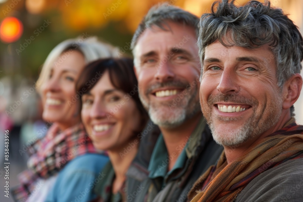 Portrait of a group of smiling friends standing in the street. Portrait of a group of smiling friends standing in the street.