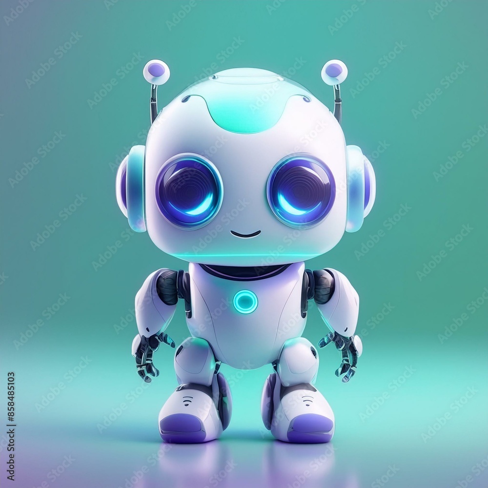 Moderner Begleiter: Süßer 3D-Roboter in minimalistischem Stil auf türkisfarbenem Hintergrund Moderner Begleiter: Süßer 3D-Roboter in minimalistischem Stil auf türkisfarbenem Hintergrund